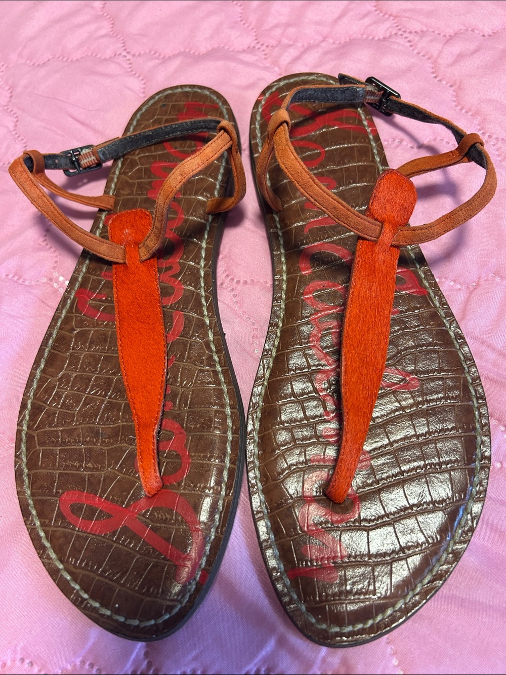 Sam Edelman Orange T-Strap Croc-Embossed Sandals